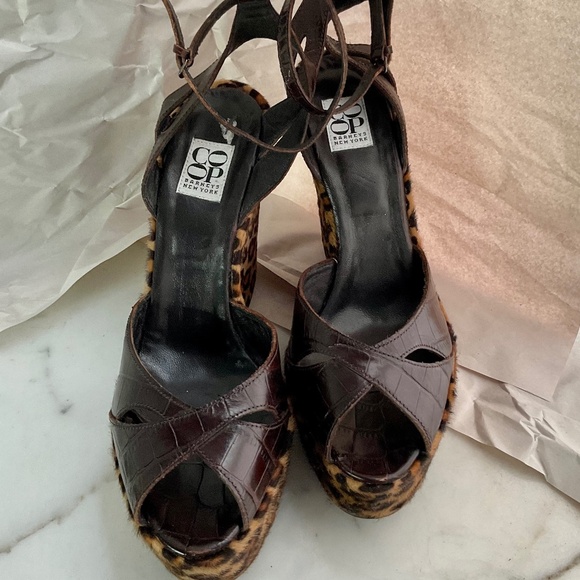 BARNEY'S Co-op Alligator Embossed Chocolate Leather Hair On Leopard Print 41 NWT - Picture 3 of 8